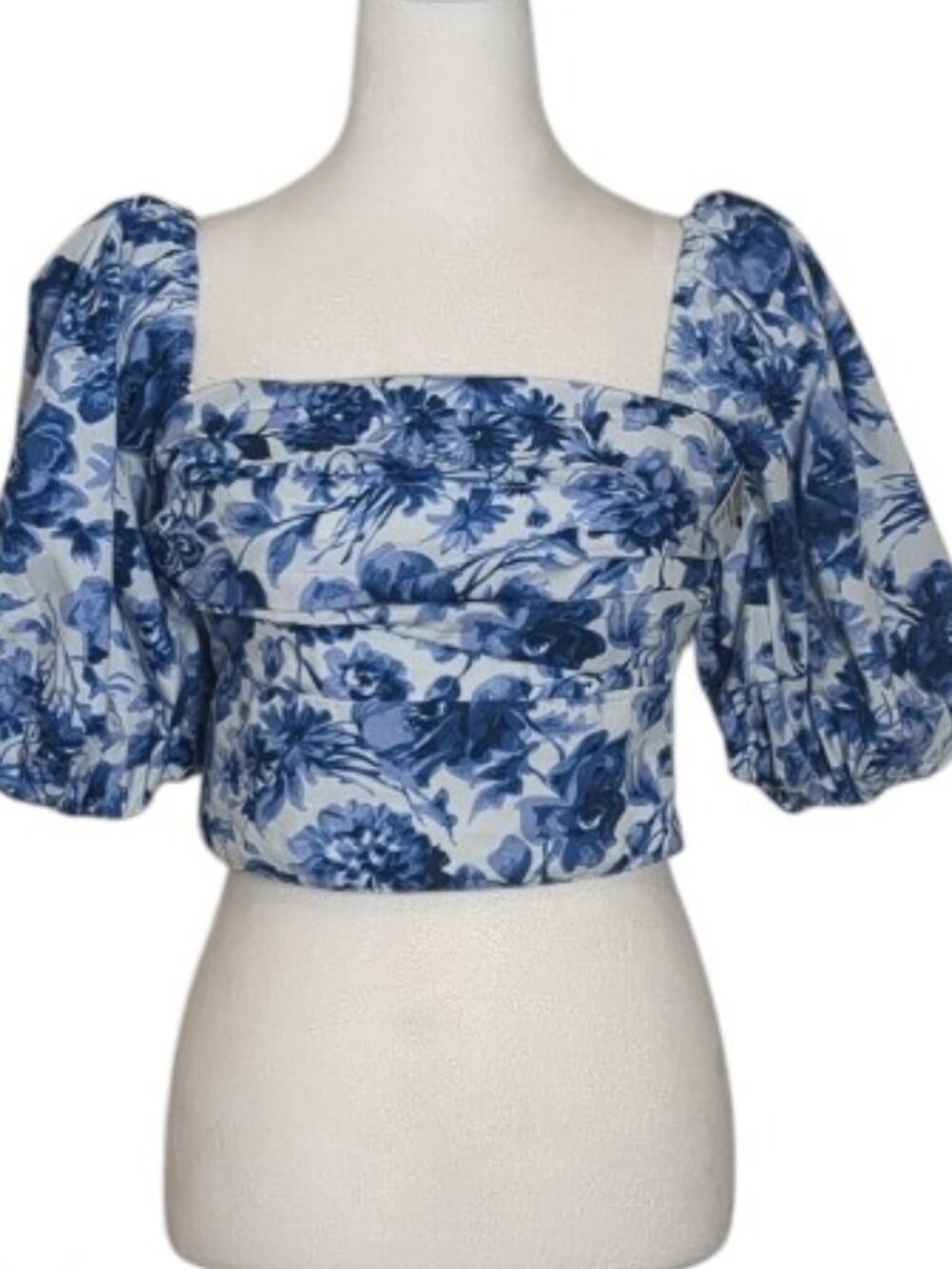 ABERCROMBIE & FITCH Women's Short Puff Sleeve Crop Top Size S  Blue White Floral